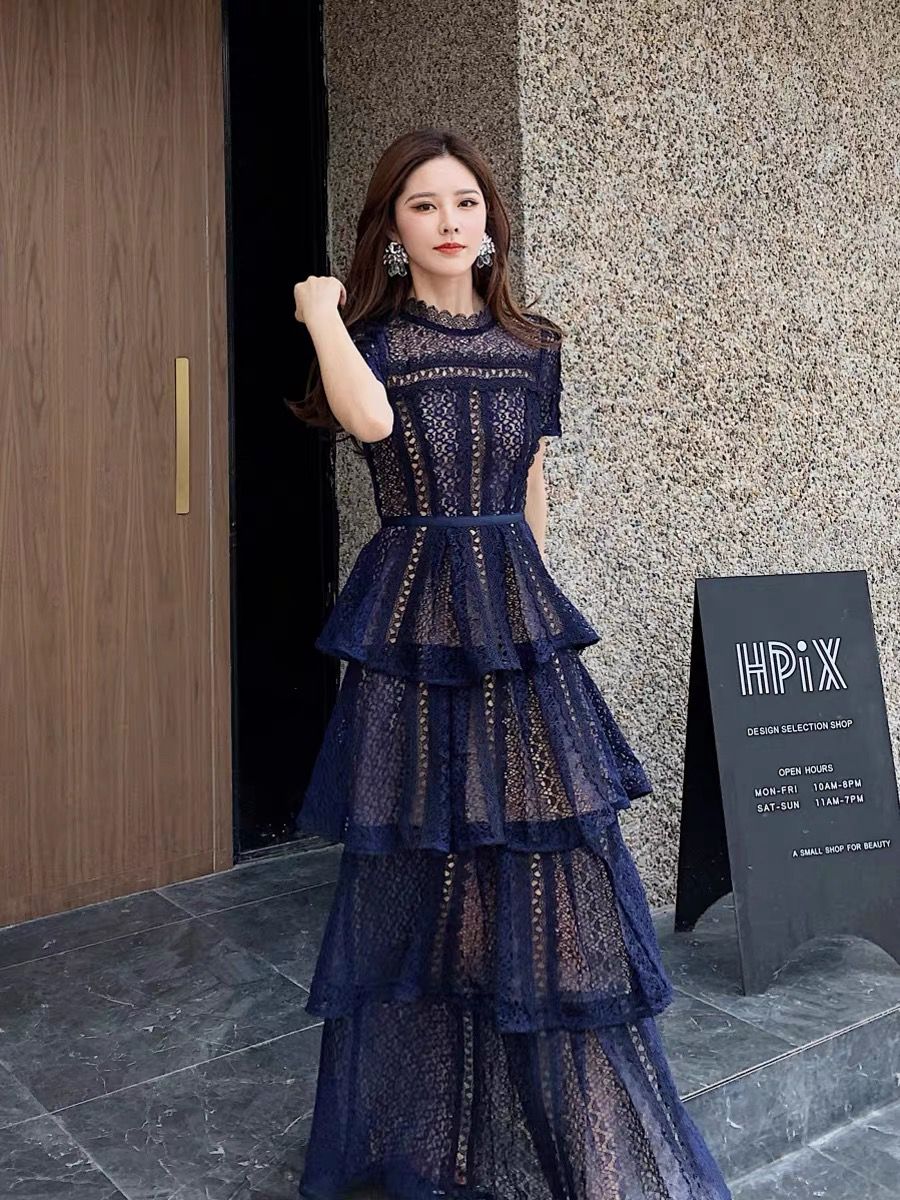 Elegant Navy-Blue lace Maxi Dress